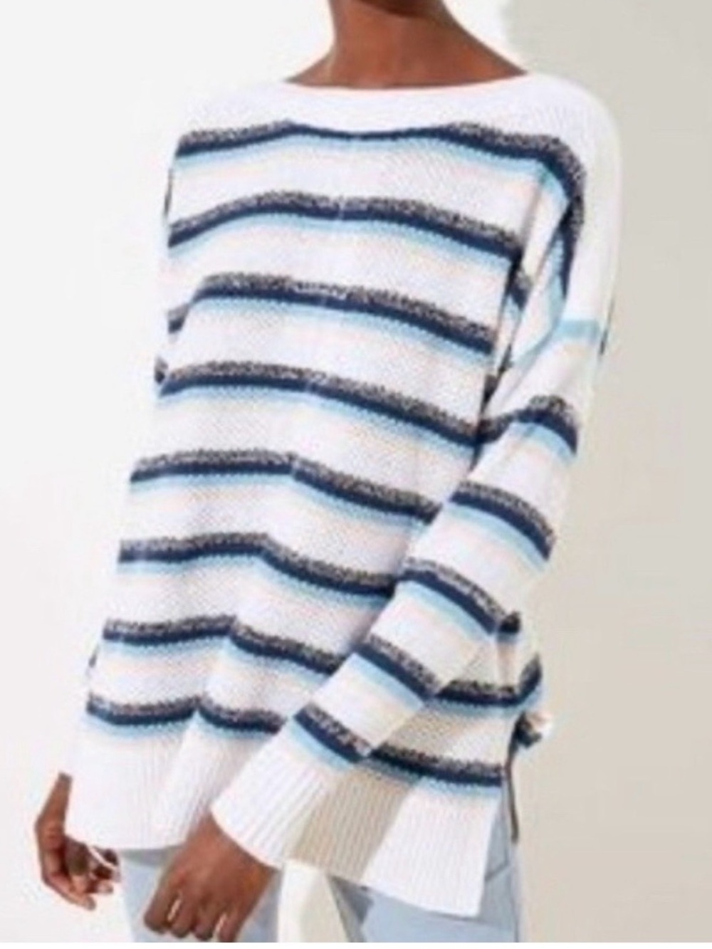 LOFT oversized Striped Knit Boatneck Sweater - White & Blue